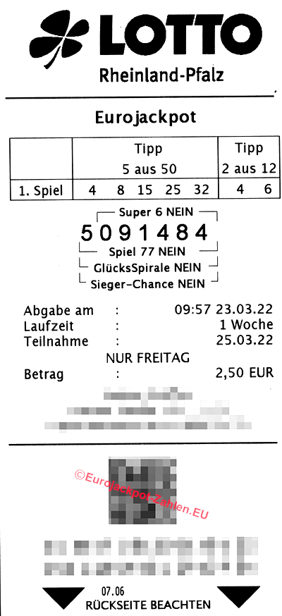Neue Eurojackpot Spielquittung, gültig ab 25.03.2022